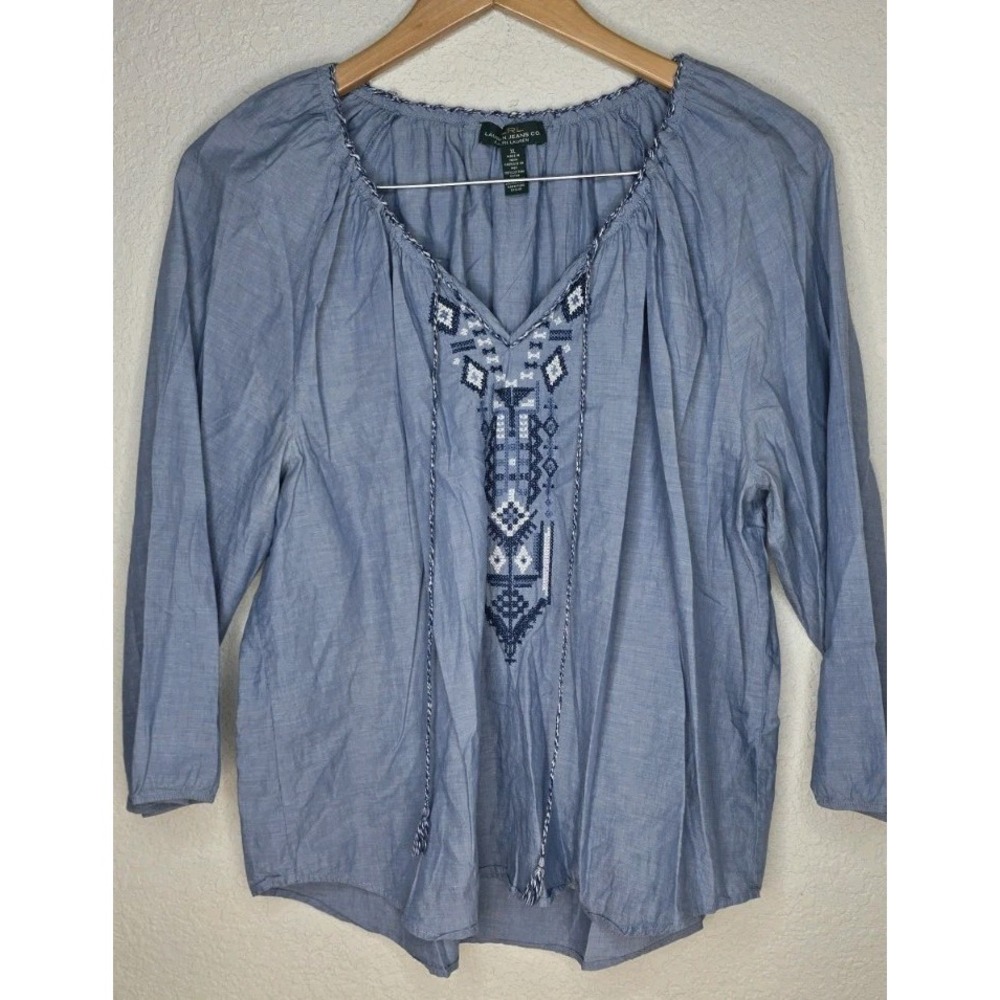 New Ralph Lauren Jean Co Women XL Shirt Blouse Peasant Chambray Boho Embroidered